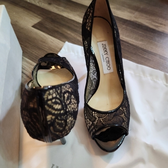 Jimmy Choo Black Luna Peep Toe Lace Pumps, Size 37 /US 7 Authentic - Picture 7 of 13